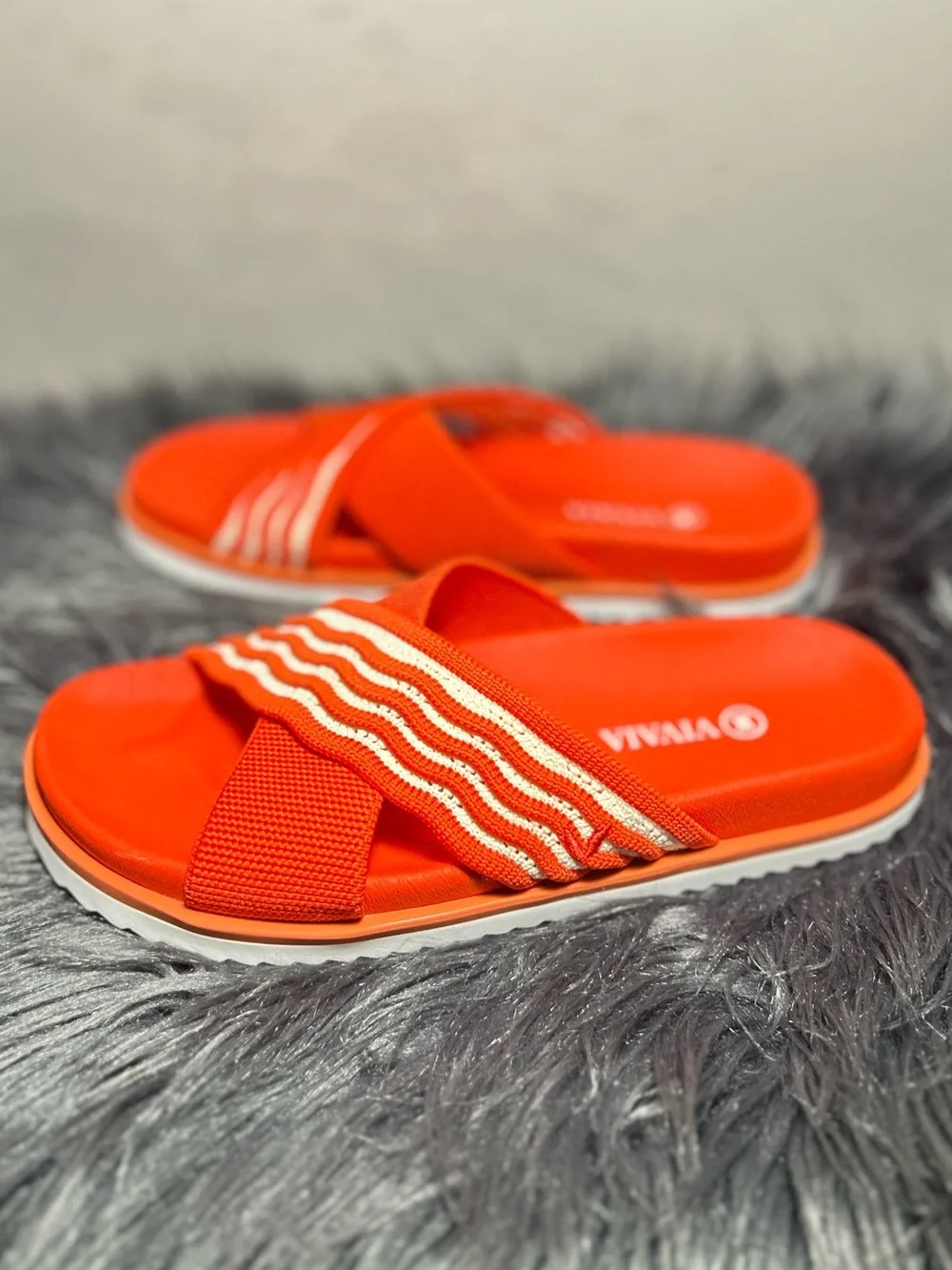 Vivaia Orange Knit Criss Cross Striped Strap Slide Sandals Size 6 - Picture 7 of 10